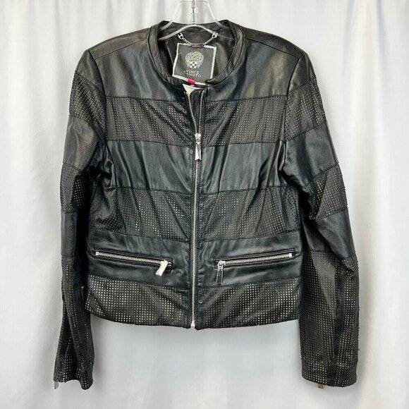 Vince Camuto Womens Black Tan Long Sleeve Full Zip Motorcycle Jacket Size Medium - Picture 1 of 9